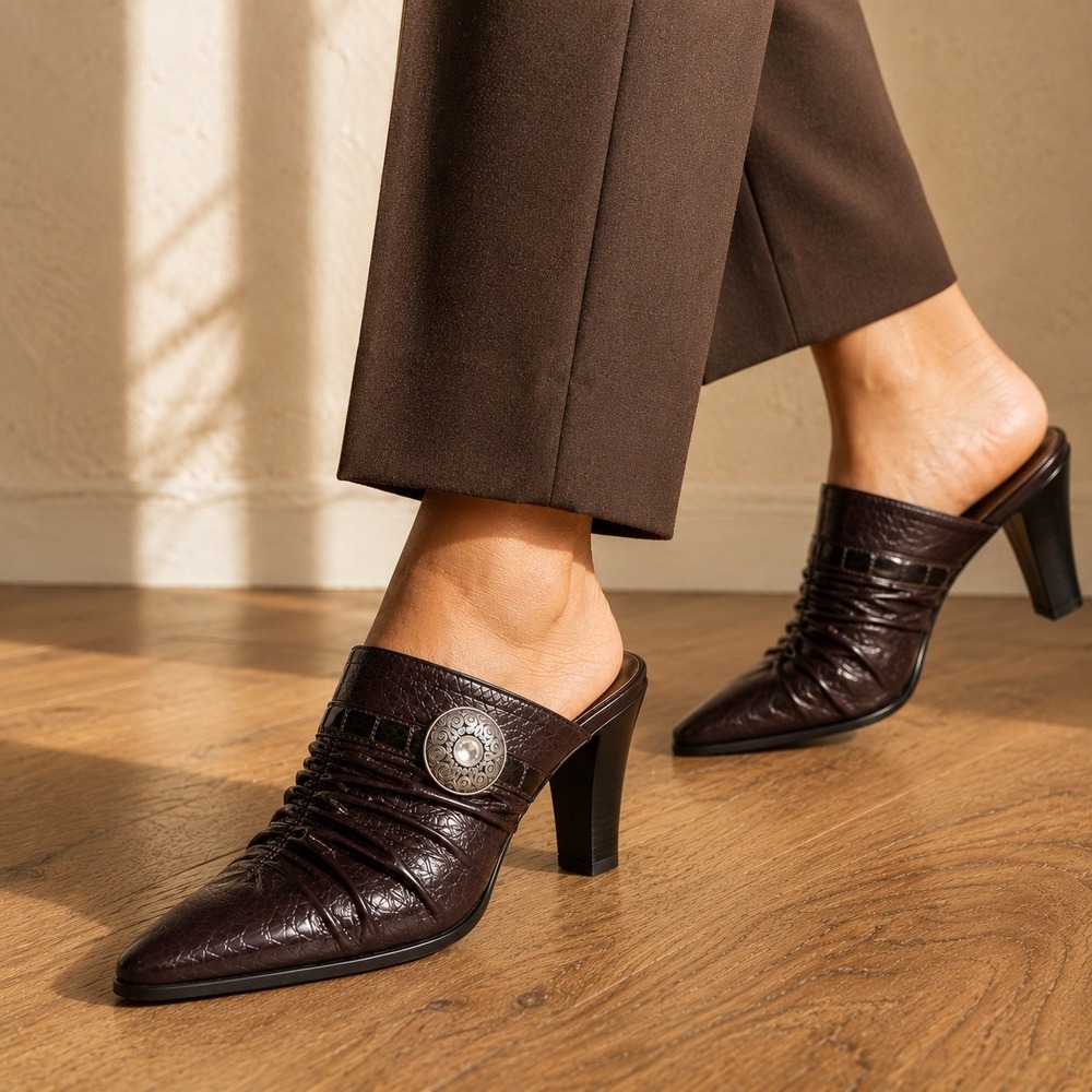 Brighton Italy Brown Patent Leather Pointed Toe Ruched Mule‎ Heels Concho 8.5